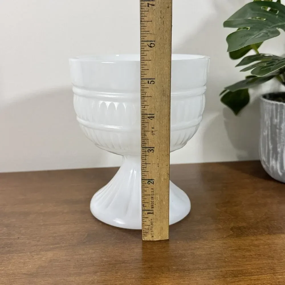 Vintage Milk Glass Pedestal Vase Ribbed Compote Bowl White Mid Century Modern